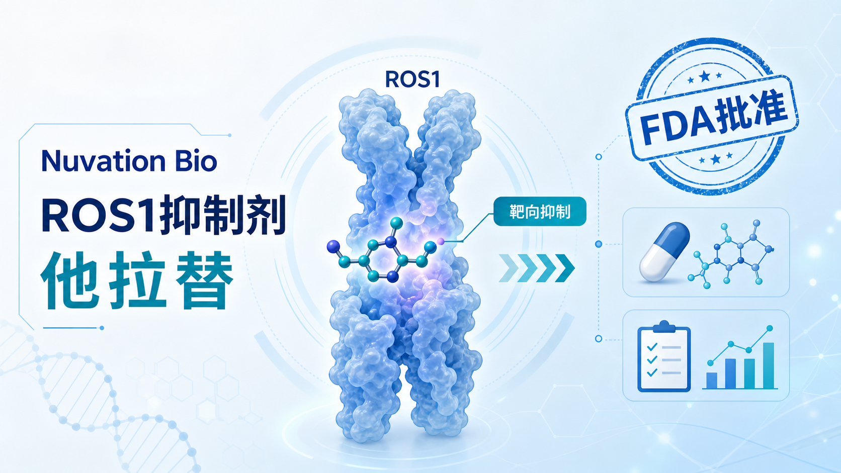 2026年9月17日资讯，Nuvation Bio 宣布 FDA 批准其 ROS1 抑制剂他拉替尼（taletrectinib，商品名 IBTROZI）的补充新药申请（sNDA），将 TKI 初治 ROS1 阳性非小细胞肺癌（NSCLC）的中位缓解持续时间（DOR）更新为 49.7 个月，比预定 PDUFA 日期提前约四个月获批。这是目前 FDA 批准的 ROS1 TKI 中报告的最长中位 DOR。