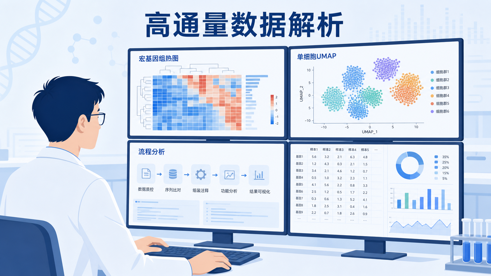 科研人员在电脑前同时查看宏基因组热图、单细胞UMAP图和流程化分析界面，突出“高通量数据解析”场景。