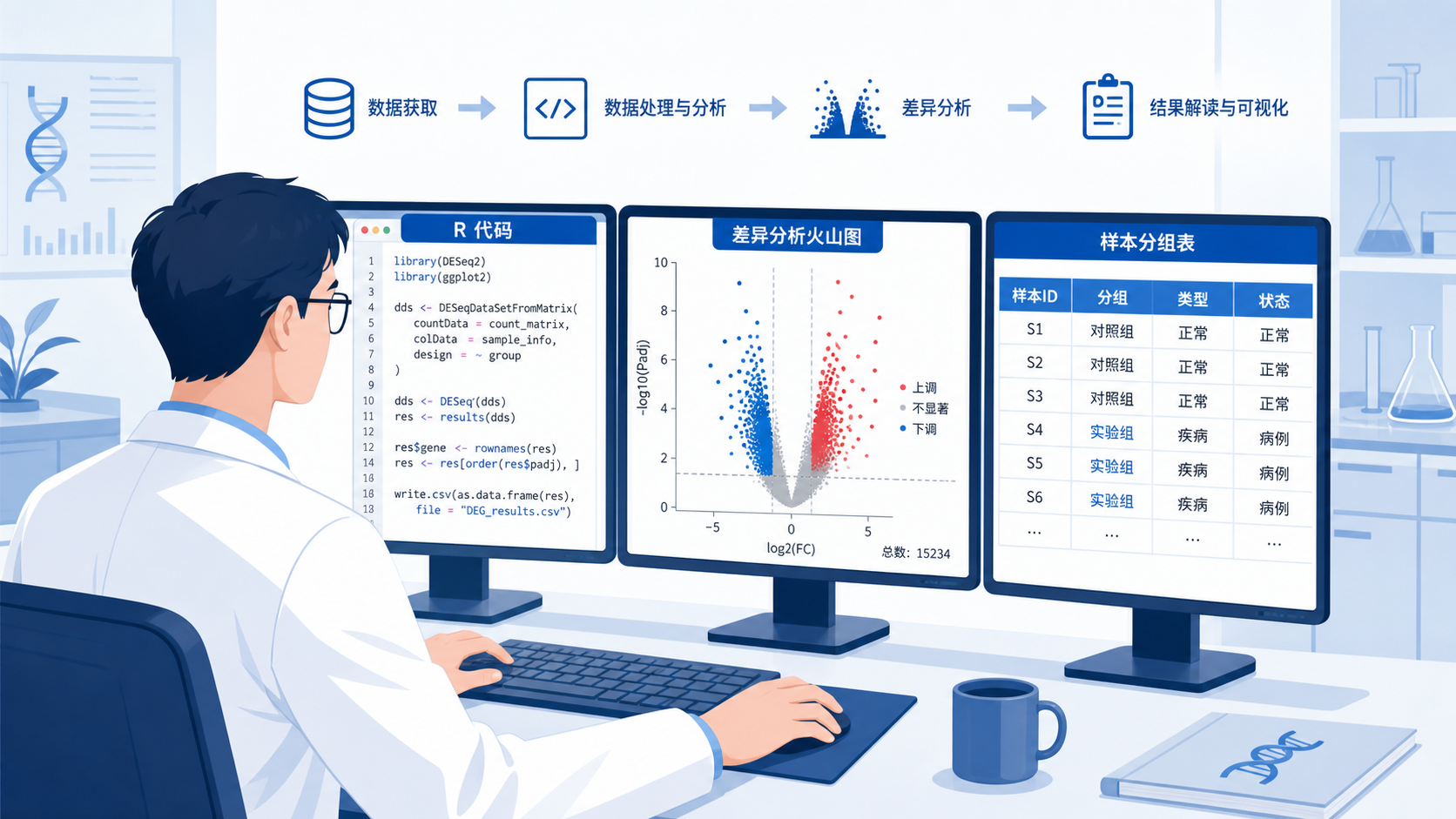 一张科研人员在电脑前同时查看R代码界面、差异分析火山图和样本分组表的工作场景图