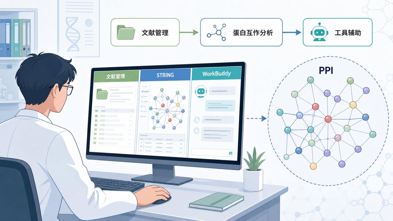 一位研究生在电脑前同时打开文献管理、STRING网页和WorkBuddy工具界面，旁边展示PPI网络示意图与笔记流程图