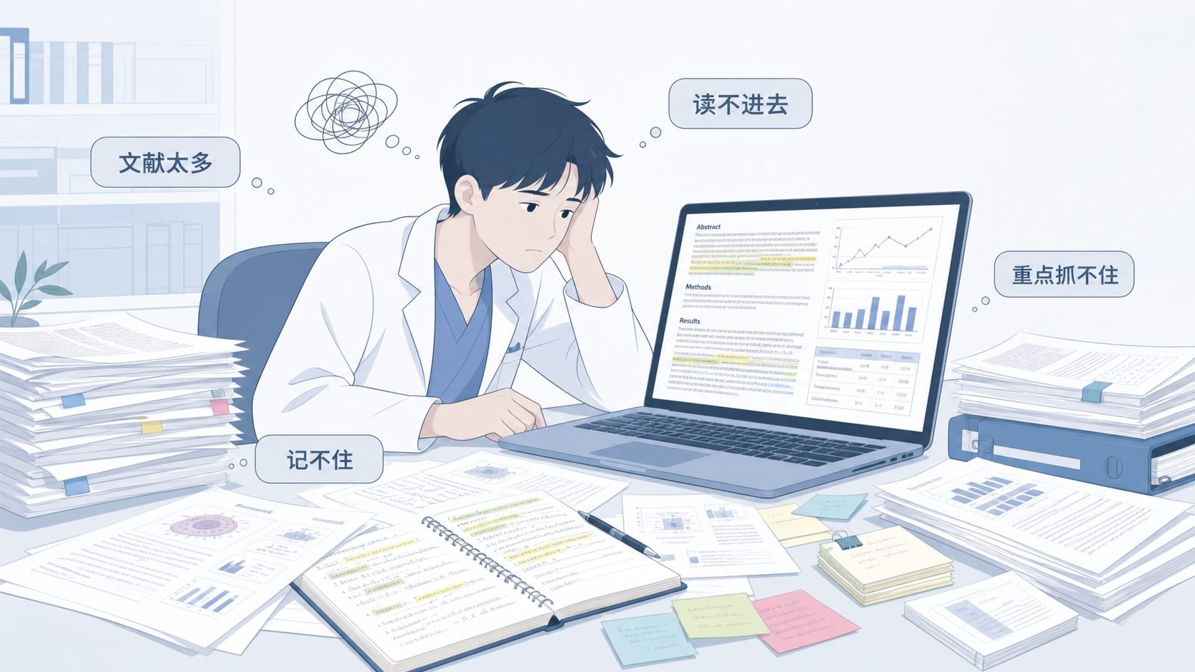一位医学生在电脑前阅读英文文献，旁边有摘要、图表和笔记，画面突出“读不进去、记不住”的阅读痛点