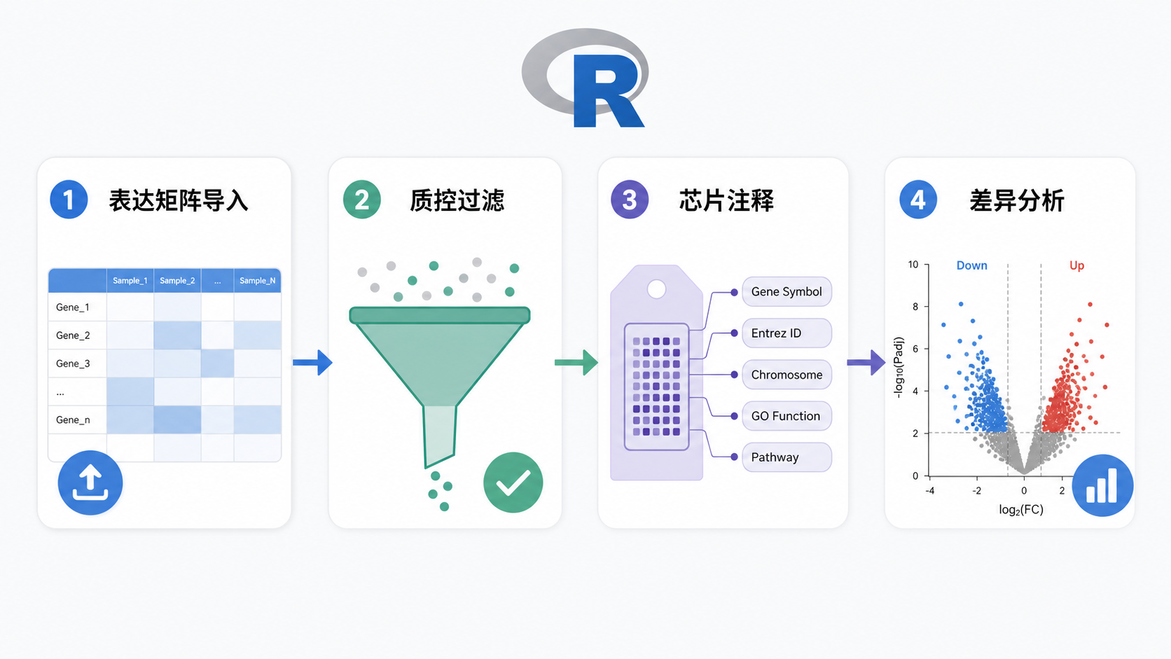 R语言生信分析流程图，展示表达矩阵导入、质控过滤、芯片注释、差异分析四个步骤，风格简洁专业