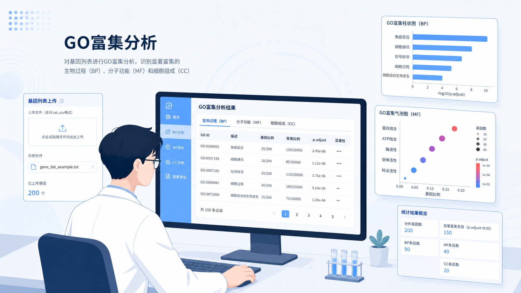科研人员在电脑前查看GO富集分析结果,旁边展示柱状图、气泡图和基因列表上传界面,整体风格专业简洁。