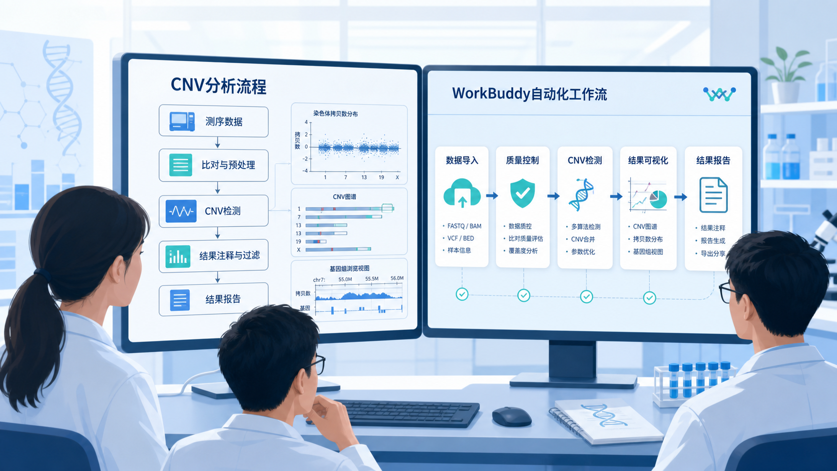 实验室研究人员在电脑前查看CNV拷贝数变异分析流程图,旁边展示WorkBuddy自动化工作流界面和CNVKit结果图