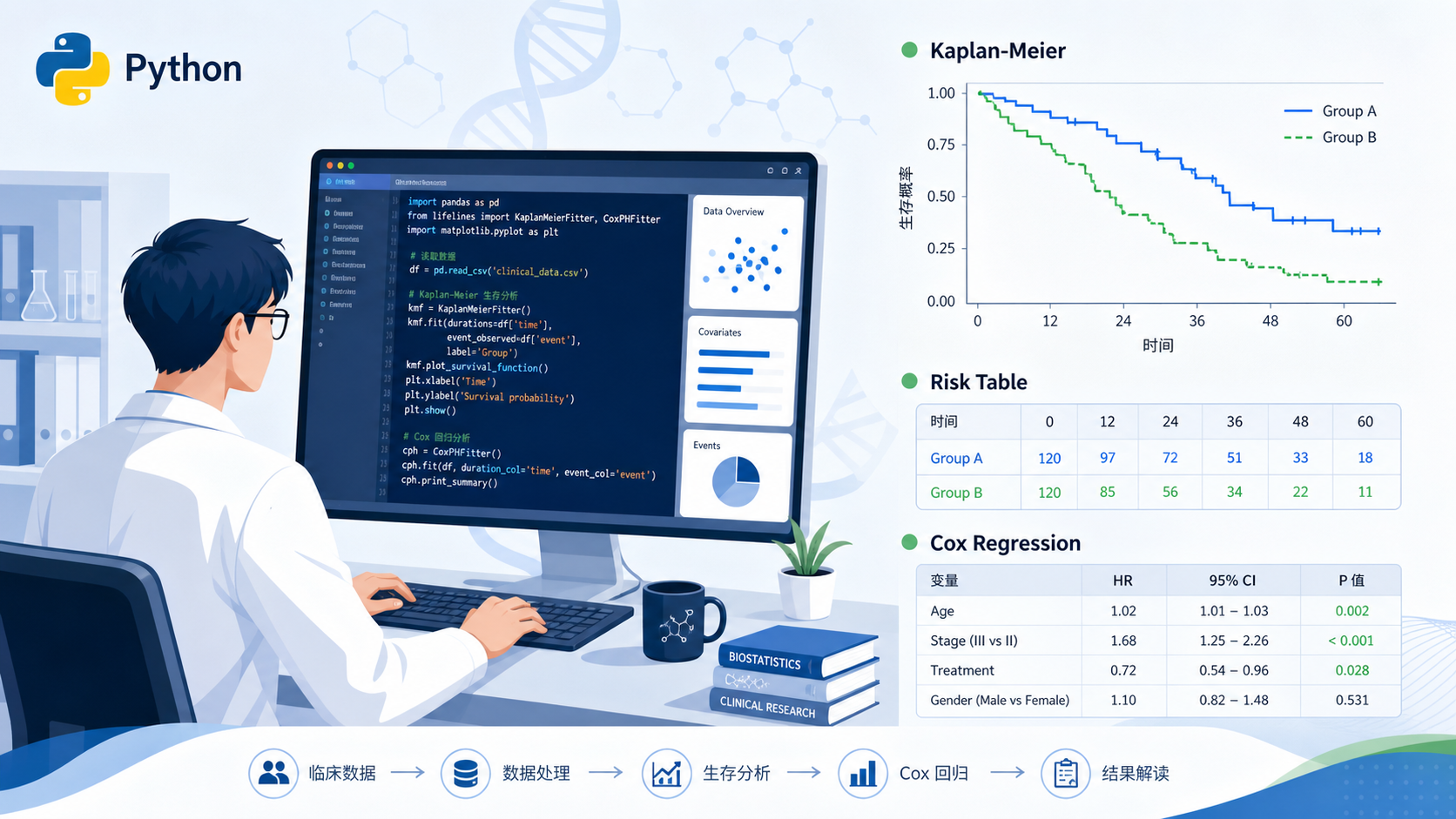 一位科研人员在电脑前运行Python代码，旁边展示Kaplan-Meier曲线、风险表和Cox回归森林图的组合示意图。