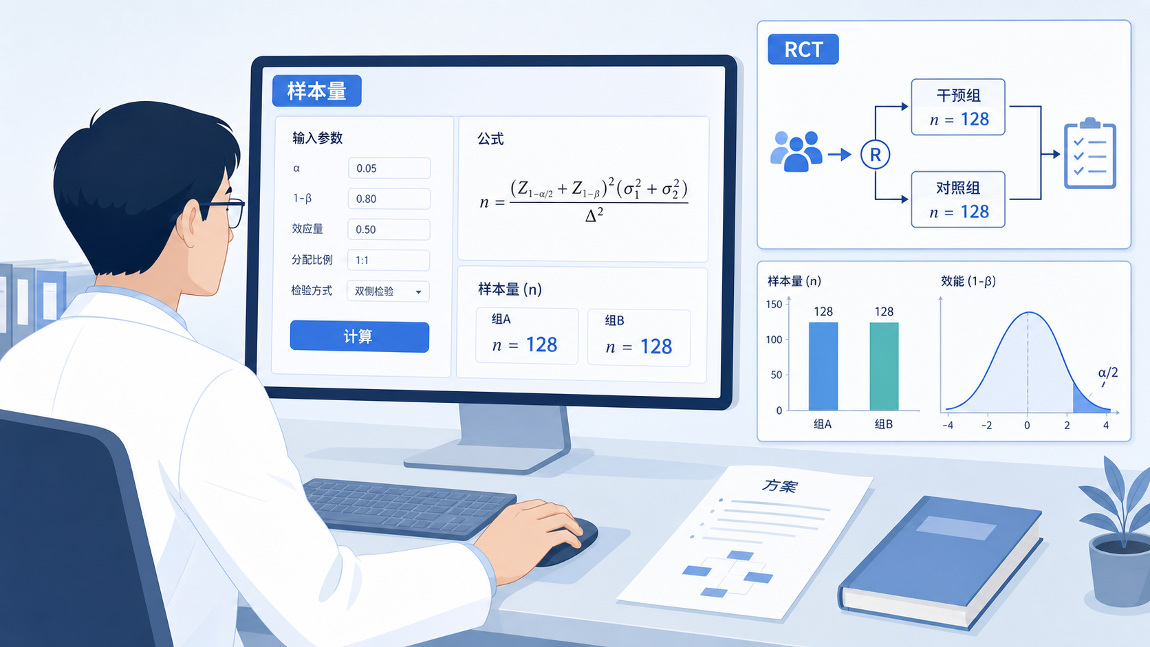 临床研究者在电脑前查看样本量计算软件、公式与研究方案文档的场景,旁边有随机对照试验流程图和样本量估算示意图