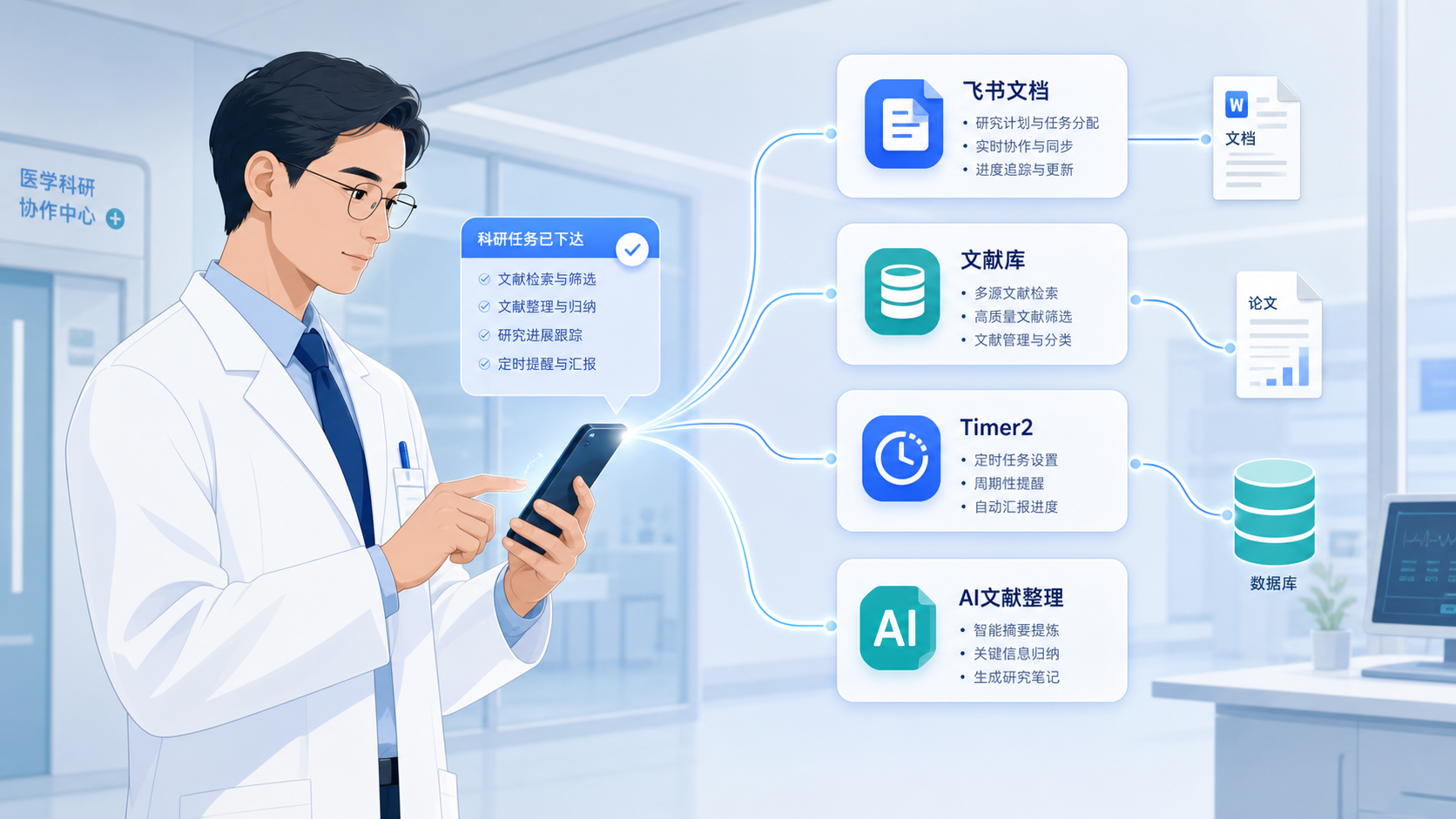 一位医生在医院场景中用手机下达任务，屏幕连接到飞书文档与文献库，旁边展示Timer2和AI文献整理流程示意图