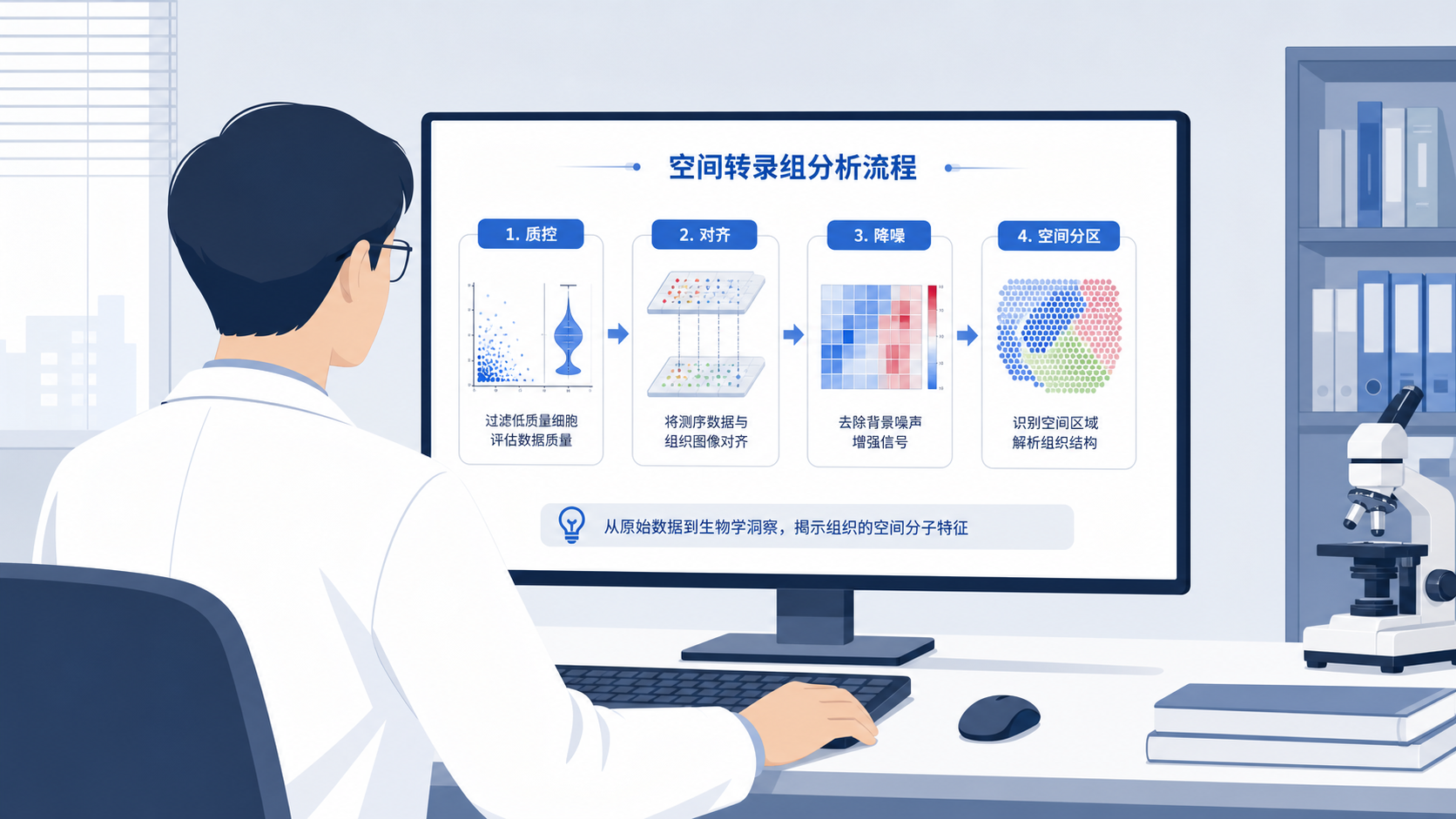 科研人员在电脑前处理空间转录组数据,屏幕上展示质控、对齐、降噪和空间分区流程图,整体风格专业简洁。