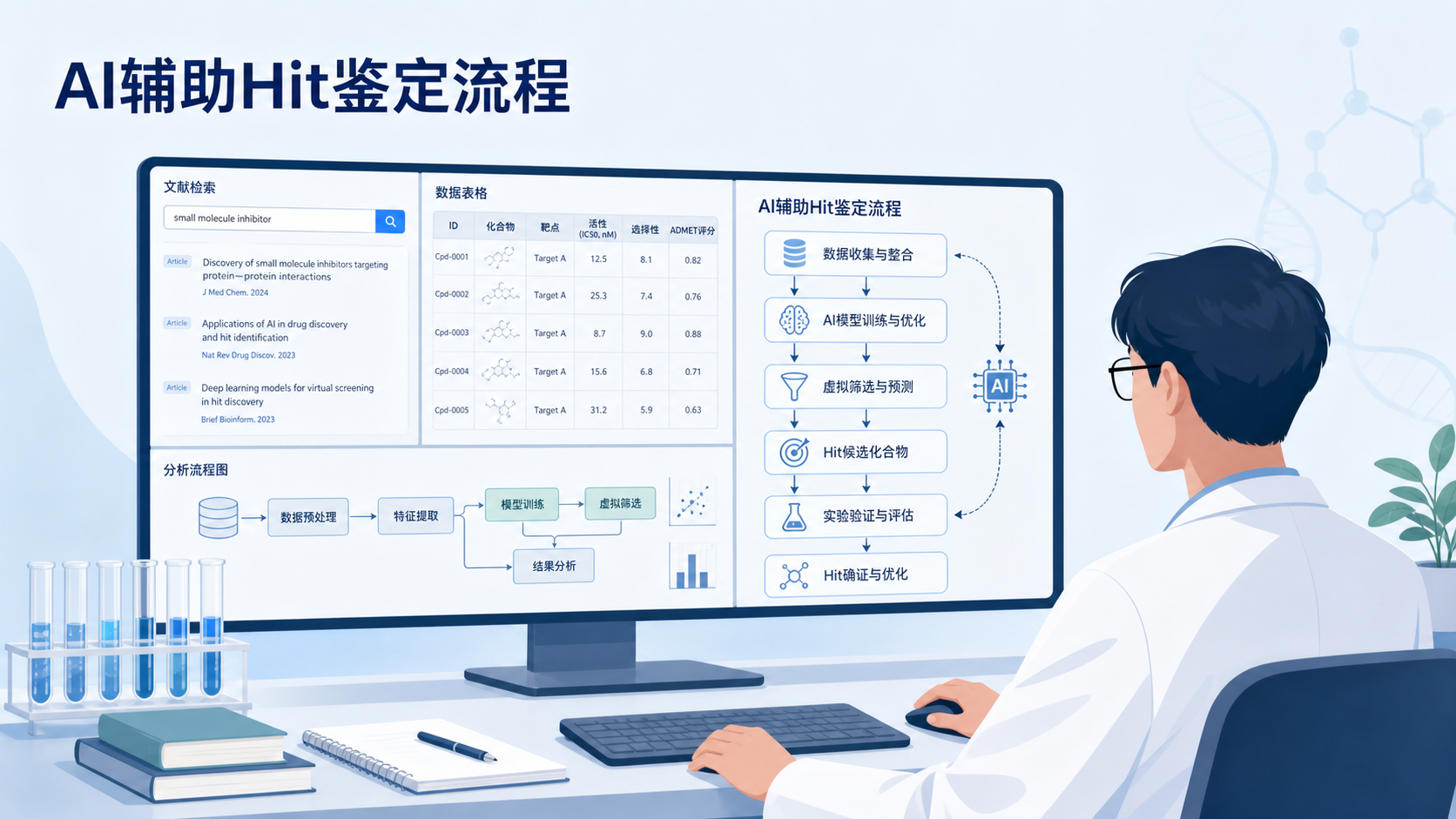 科研人员在电脑前同时查看文献、数据表和分析流程图,画面强调“AI辅助Hit鉴定流程”
