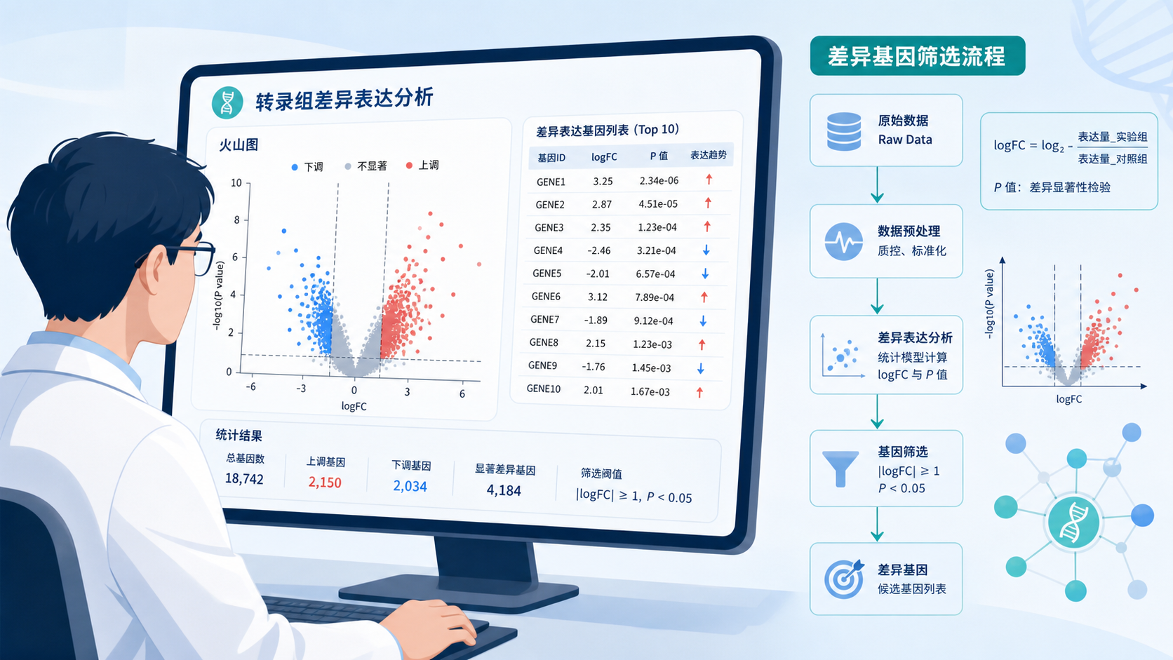 科研人员在电脑前查看转录组火山图和差异基因结果，旁边叠加logFC、P值、基因筛选流程示意图