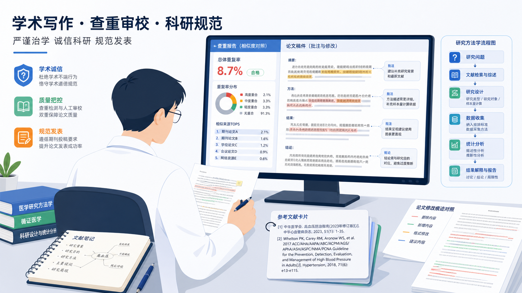一位科研人员在电脑前对照查重报告和论文手稿，旁边有方法学流程图、文献笔记和高亮修改痕迹，突出SCI论文降重场景