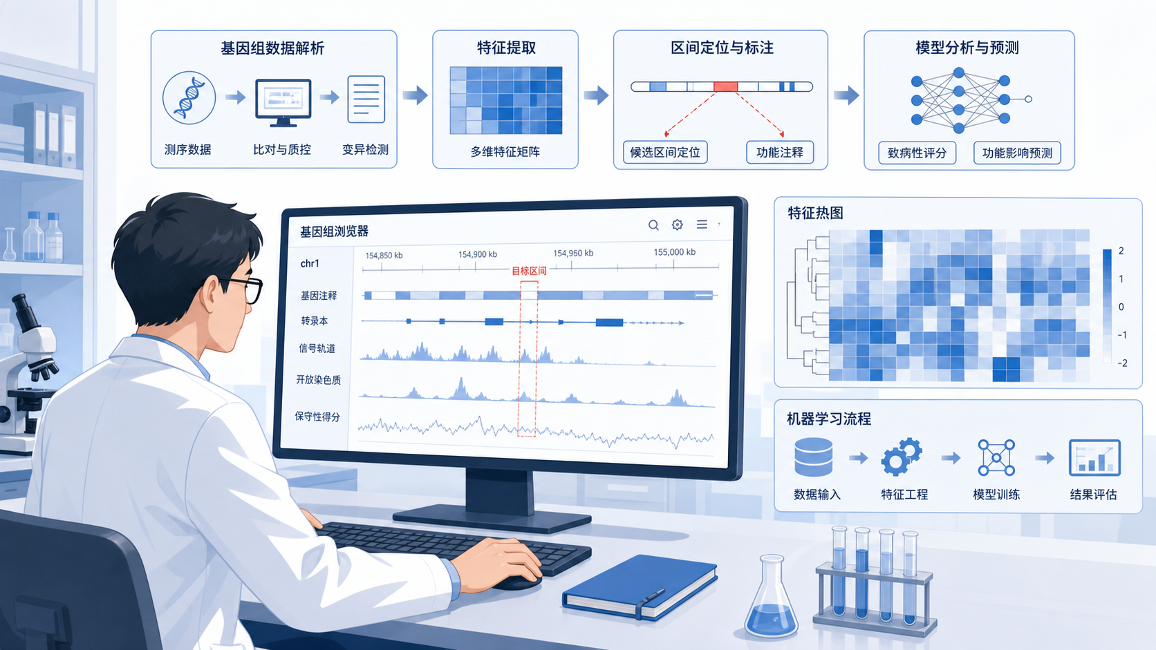 科研人员在电脑前查看基因组浏览器、热图和机器学习流程图的组合画面，突出数据分析与区间定位场景