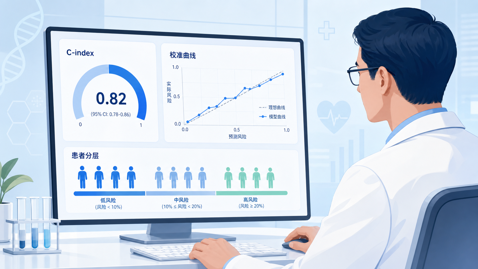 一位医生在电脑前查看风险预测模型界面，旁边显示C-index、校准曲线和患者分层示意图
