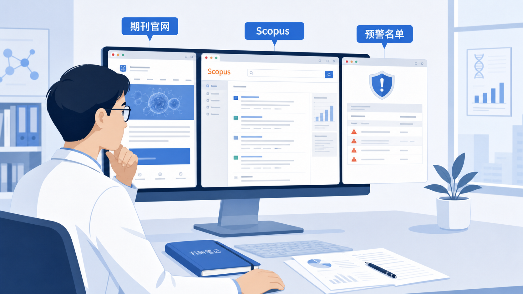 一位研究者在电脑前同时查看期刊官网、Scopus和预警名单,画面强调投稿前筛查与风险规避