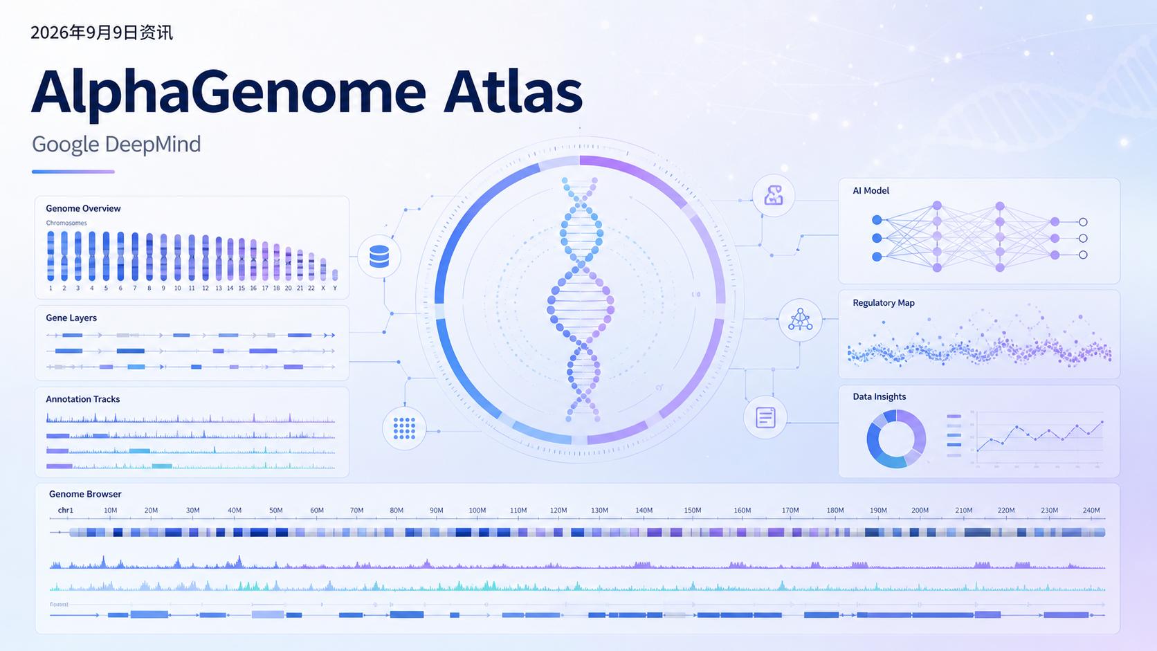 2026年9月9日资讯，谷歌 DeepMind 发布 AlphaGenome Atlas——一个涵盖人类基因组中**全部约 90 亿种单核苷酸变异（SNV）**分子影响预测的平台，被业界称为"人类基因组全图"。平台同时推出 AlphaGenome 变异影响（AVI）评分，用一个数字快速衡量任意遗传变异的潜在影响。该资源体量约 1 PB，是 AlphaFold 数据库的 30 多倍，向非商业学术研究免费开放。DeepMind 表示，这一工具已帮助合作者在未确诊罕见病中识别并验证关键变异，有望加速罕见病诊断与遗传学基础研究。
