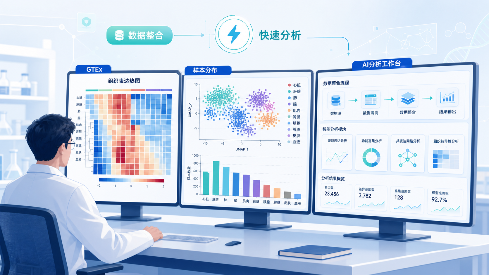 科研人员在电脑前同时查看GTEx组织表达热图、样本分布图和AI分析工作台界面，突出“数据整合与快速分析”场景