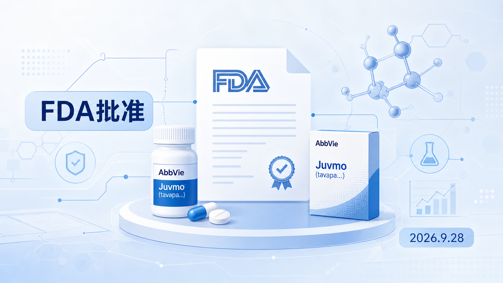 美国 FDA 于 2026 年 9 月 28 日批准 AbbVie 的 Juvmo（tavapadon）片剂，用于成人帕金森病治疗。这是首个也是目前唯一获批的选择性 D1/D5 多巴胺受体激动剂，每日一次口服，可与左旋多巴联用或单独使用。该药通过不同于传统左旋多巴补充的机制——直接且选择性地激动 D1/D5 受体来改善运动症状，为帕金森患者提供了全新的治疗选择。