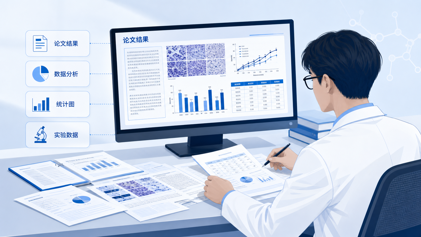 一位科研人员面对散乱的表格、统计图和实验图片，在电脑前整理医学SCI结果数据，屏幕上显示论文结果部分的结构框架。
