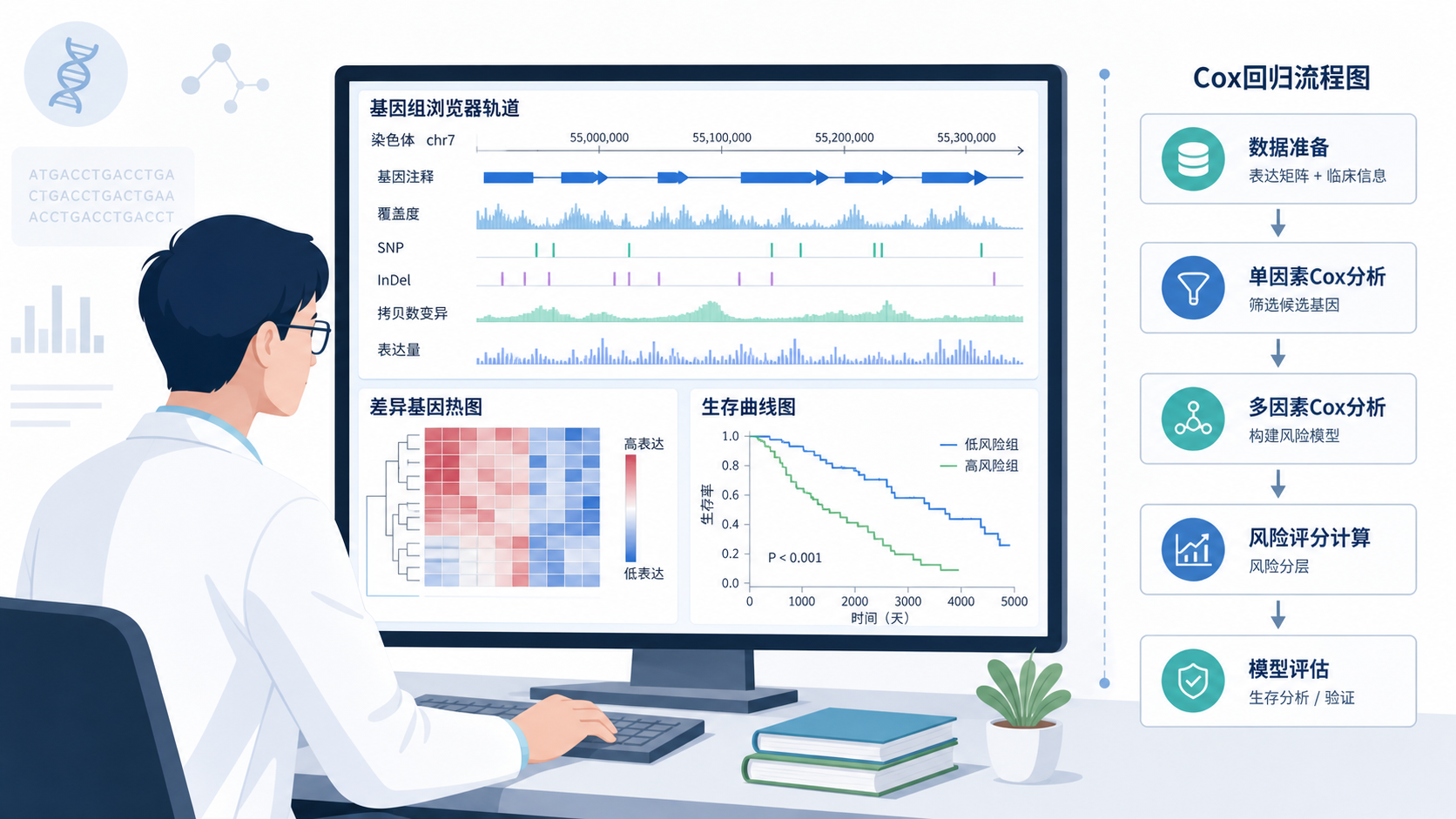 科研人员在电脑前查看基因组浏览器、热图和生存曲线，旁边标注差异基因、区间注释、Cox回归流程图