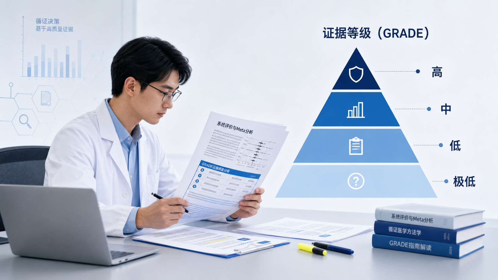 临床研究者在阅读系统评价和GRADE分级结果,旁边展示证据等级从高到极低的金字塔示意图。