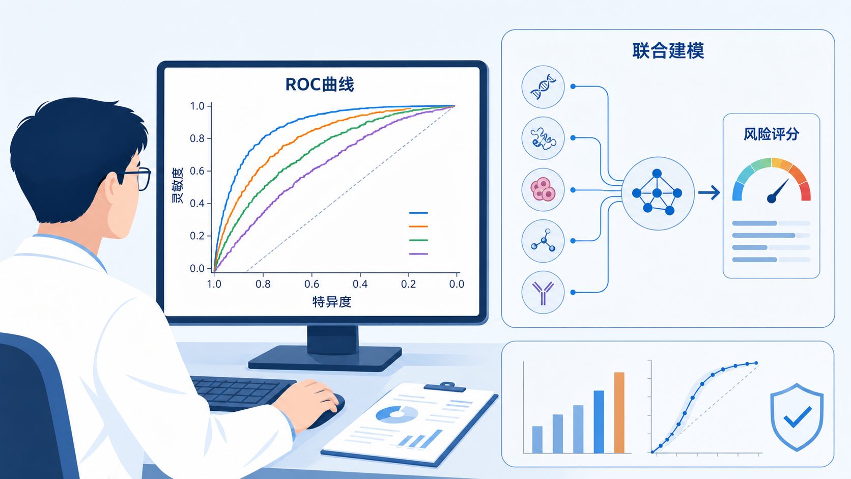 临床研究人员在电脑前分析ROC曲线图，旁边展示多个检测指标联合建模的示意图