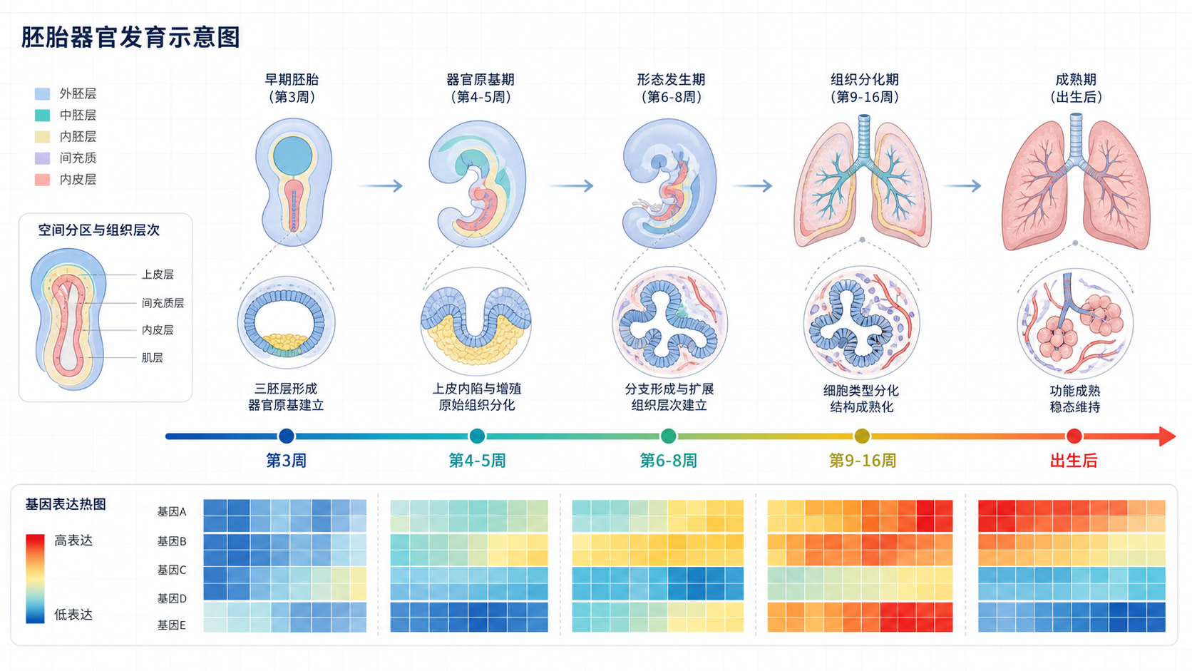 胚胎器官发育示意图，叠加时间轴与基因表达热图，突出空间分区和发育阶段变化