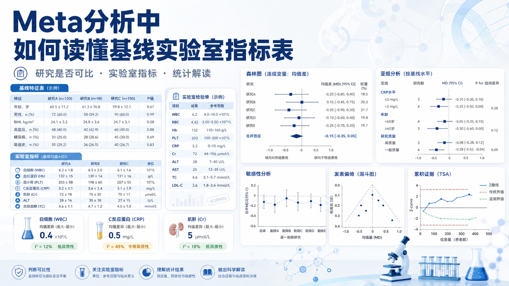 Meta分析基线资料表解读:实验室指标比较要点