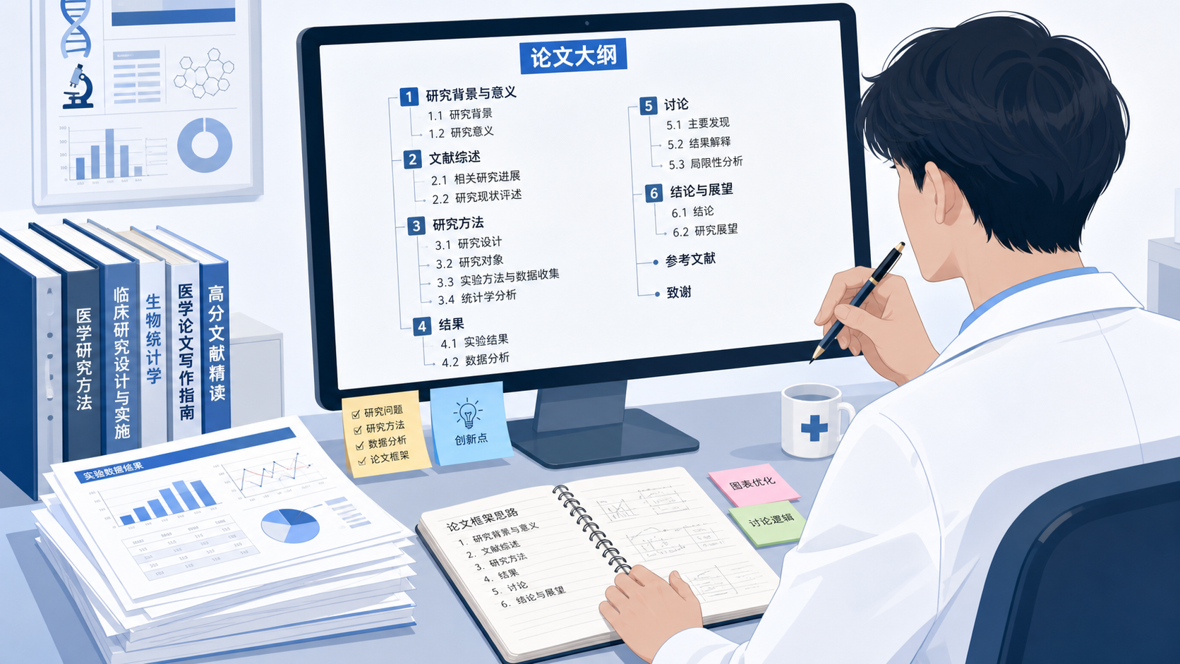 一位医学生或科研人员在电脑前整理论文框架，旁边有实验数据图表、文献和笔记本，画面突出“写作结构”和“实战路径”