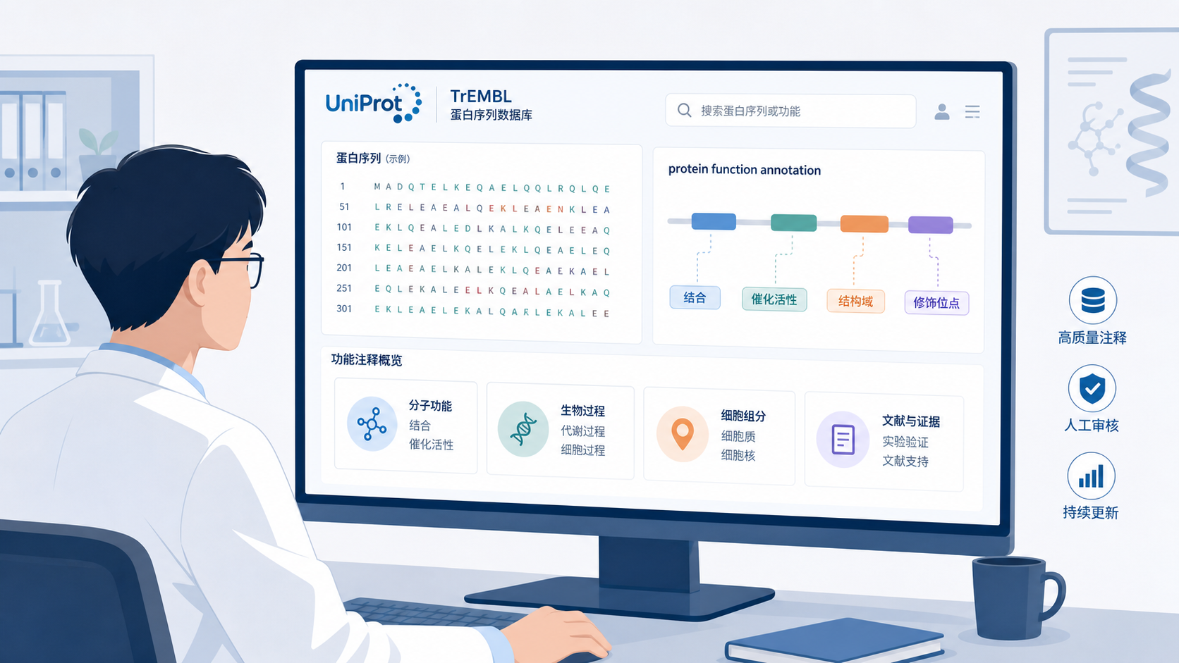 科研人员在电脑前查看蛋白序列数据库界面，屏幕上显示UniProt、TrEMBL和蛋白功能注释示意图，背景为实验室环境。