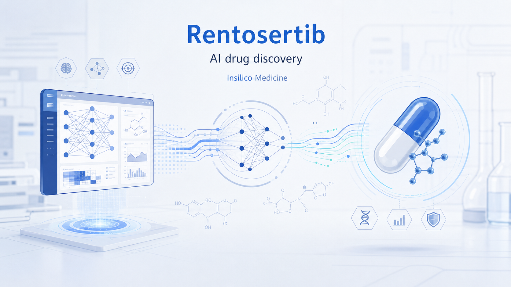 英矽智能(Insilico Medicine)宣布其 AI 设计的创新药 Rentosertib(ISM001-055)正式进入 III 期临床试验,成为全球首个由生成式 AI 完成靶点发现与分子设计并推进至 III 期的创新药物。该药靶向全新 TNIK 靶点,用于治疗特发性肺纤维化(IPF)。同时,发表于《自然·生物技术》的研究显示,Rentosertib 不仅能改善肺功能,还展现出逆转患者"生物学年龄"的潜力——多个衰老时钟检测显示受试者预测生物学年龄平均逆转 3 至 4 年。