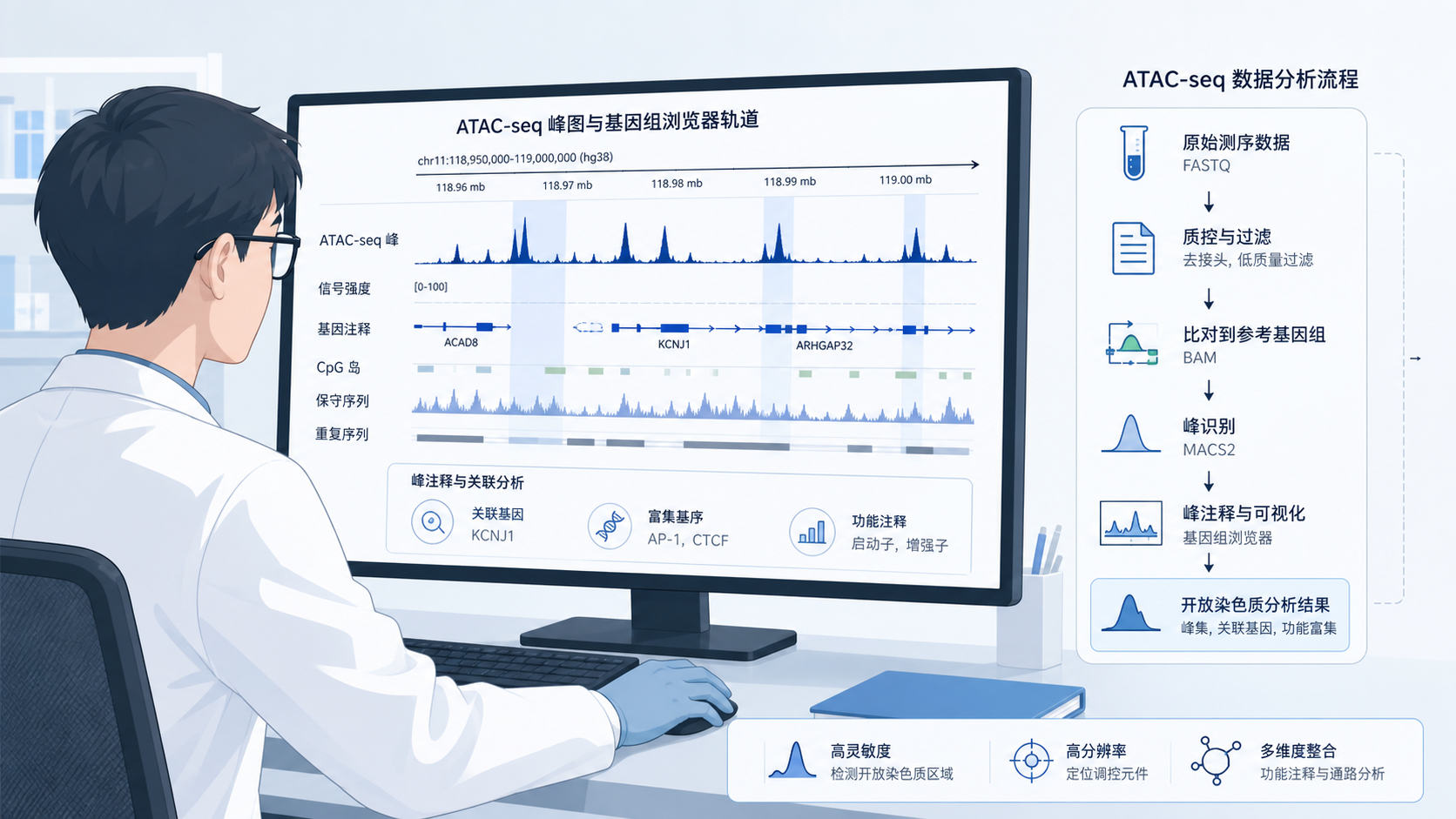 实验室场景中,科研人员在电脑上查看ATAC-seq峰图、基因组浏览器轨道和分析流程图,体现从原始数据到峰调用结果的全过程。
