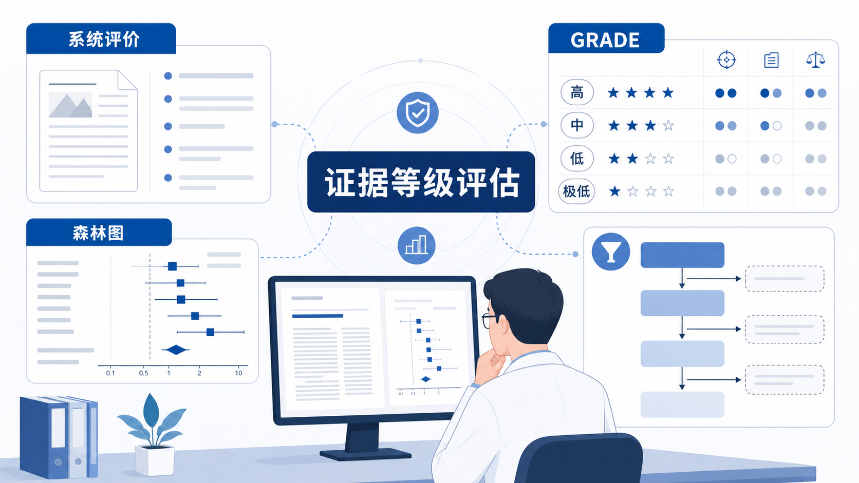 科研人员在电脑前查看系统评价、森林图、GRADE分级表和期刊筛选流程图，画面强调“证据等级评估”和“可信度判断”