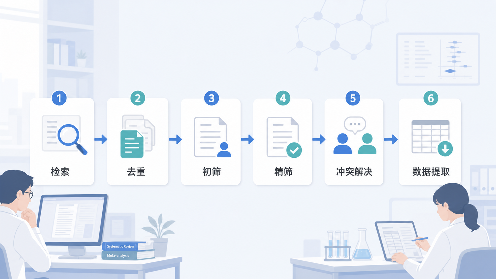 一张Meta分析文献筛选流程图，展示检索、初筛、精筛、冲突解决、数据提取的完整路径，背景为科研人员在电脑前处理文献