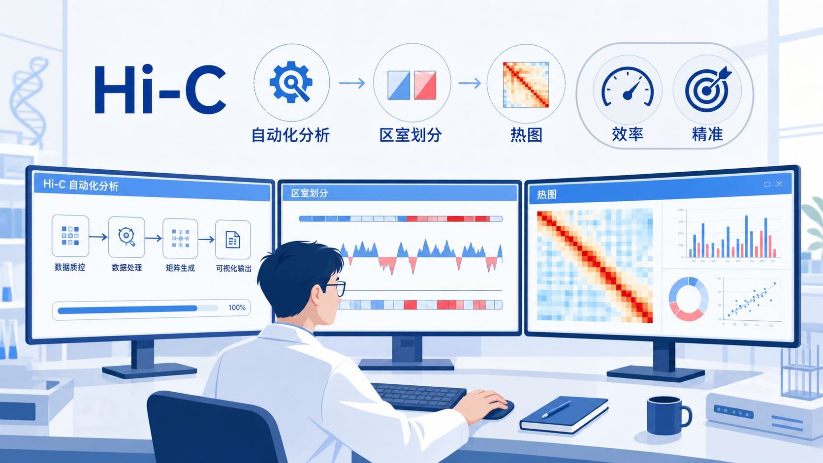 科研人员在电脑前处理Hi-C数据流程图,旁边展示自动化分析、区室划分和热图结果界面,突出效率与精准度