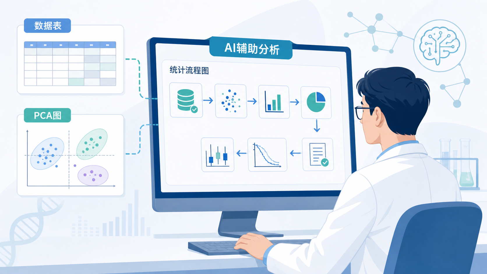 一位临床科研人员在电脑前查看数据表、PCA图和统计分析流程图，画面强调AI辅助临床科研与统计分析的整体流程。