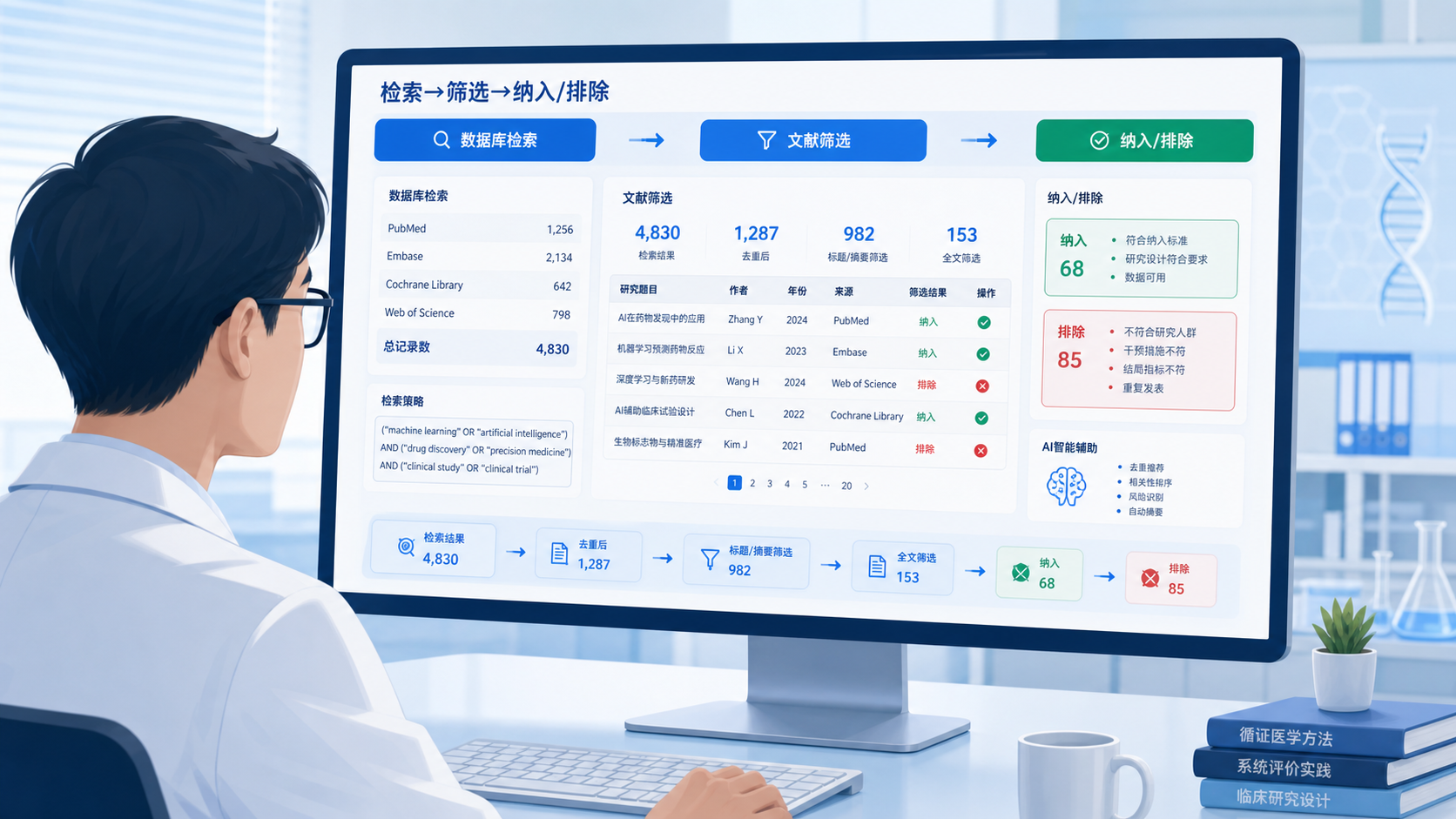 科研人员在电脑前同时查看数据库检索结果、文献筛选表和AI辅助工作流界面，画面突出“检索到纳排”的流程化场景。