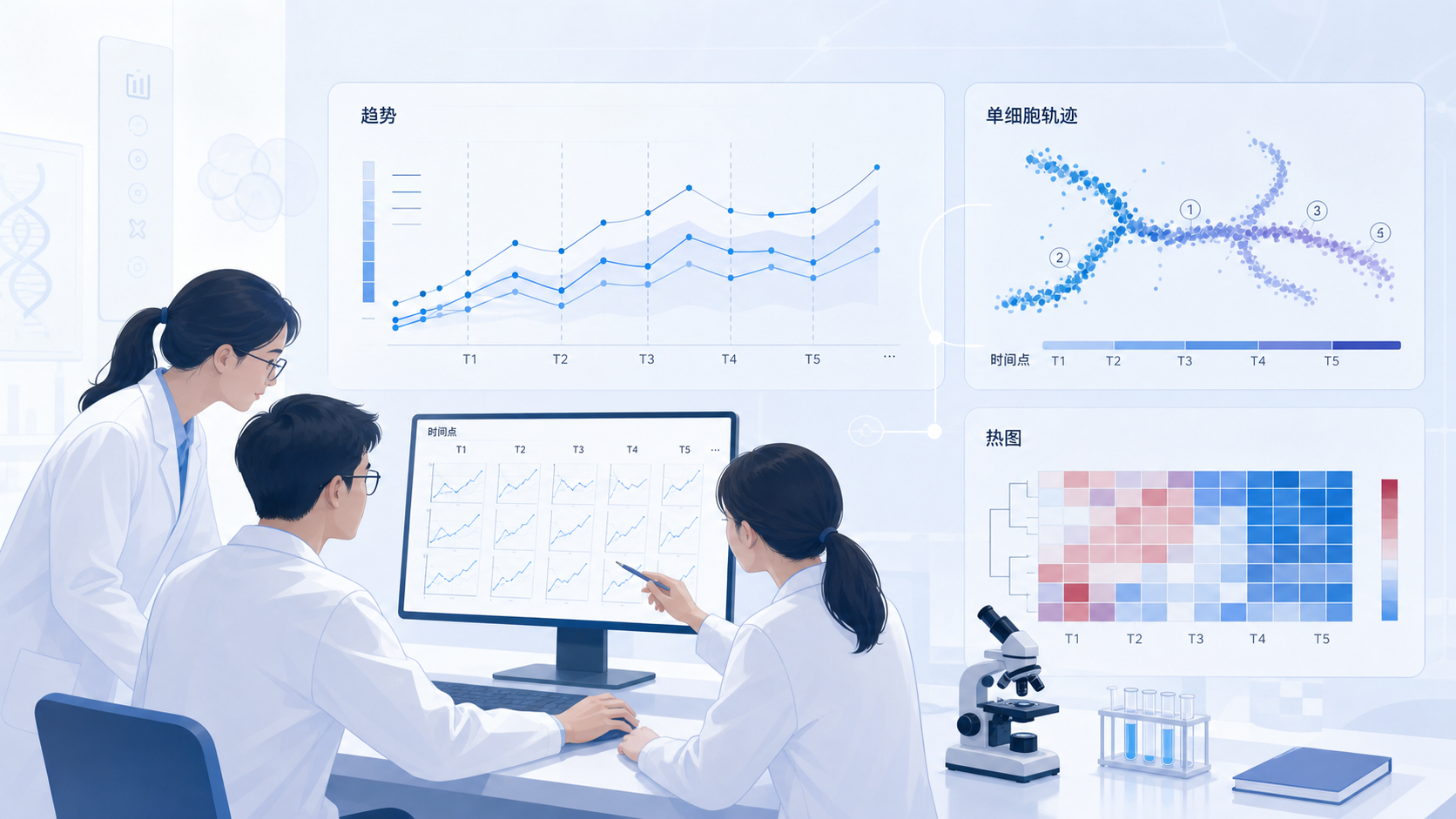 科研人员在分析多时间点生物学数据，背景包含折线图、热图和单细胞轨迹图，突出时间动态变化