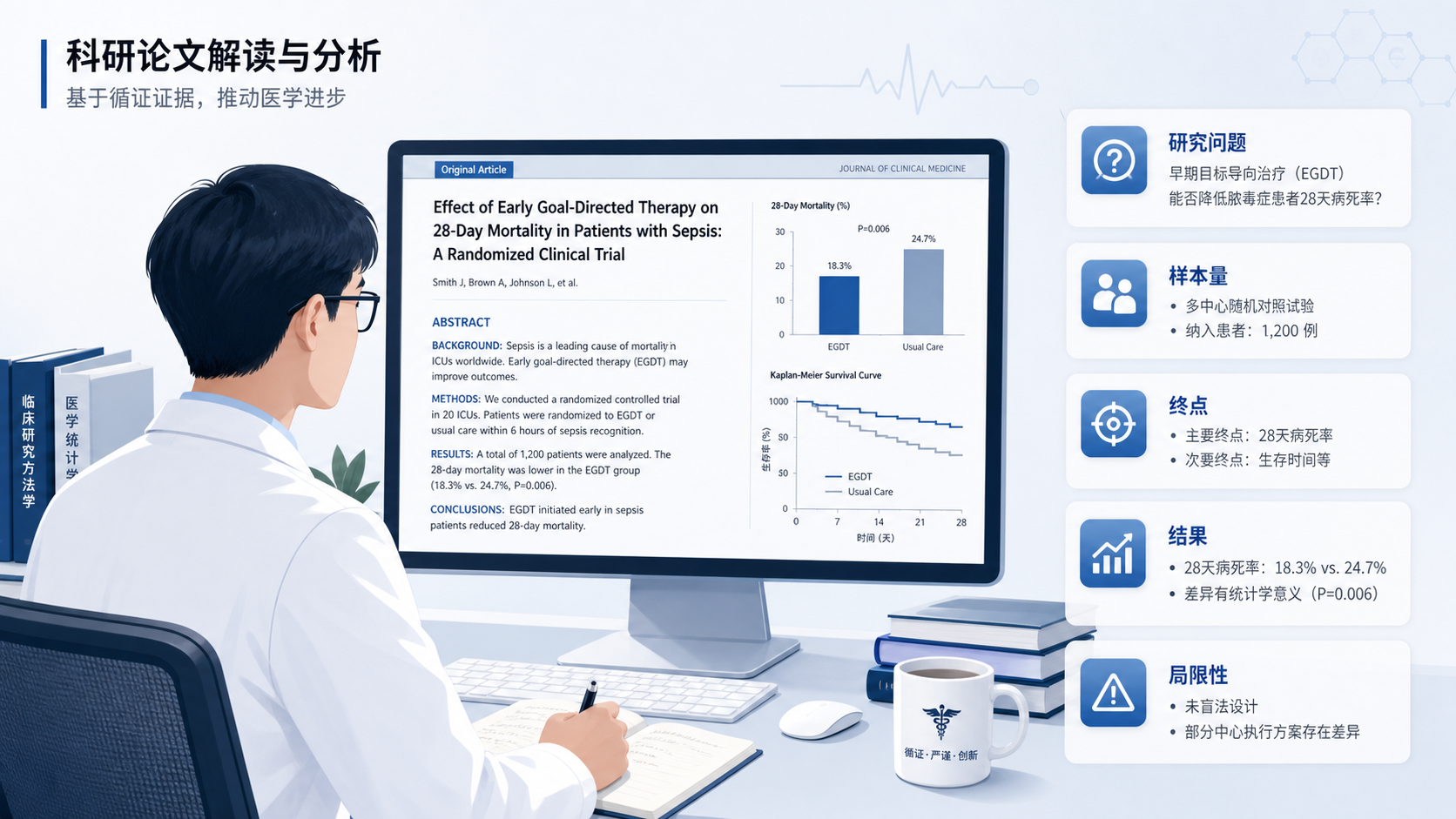 一位医生或研究生在电脑前阅读SCI论文，旁边配有研究问题、样本量、终点、结果、局限性等结构化标签卡片，突出“快速提炼核心信息”的场景