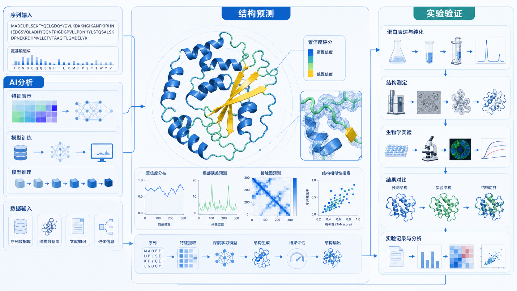 生物医学科研场景图,包含蛋白结构示意、AI工作流面板、数据分析图表和实验验证流程,突出“结构预测+自动化分析”