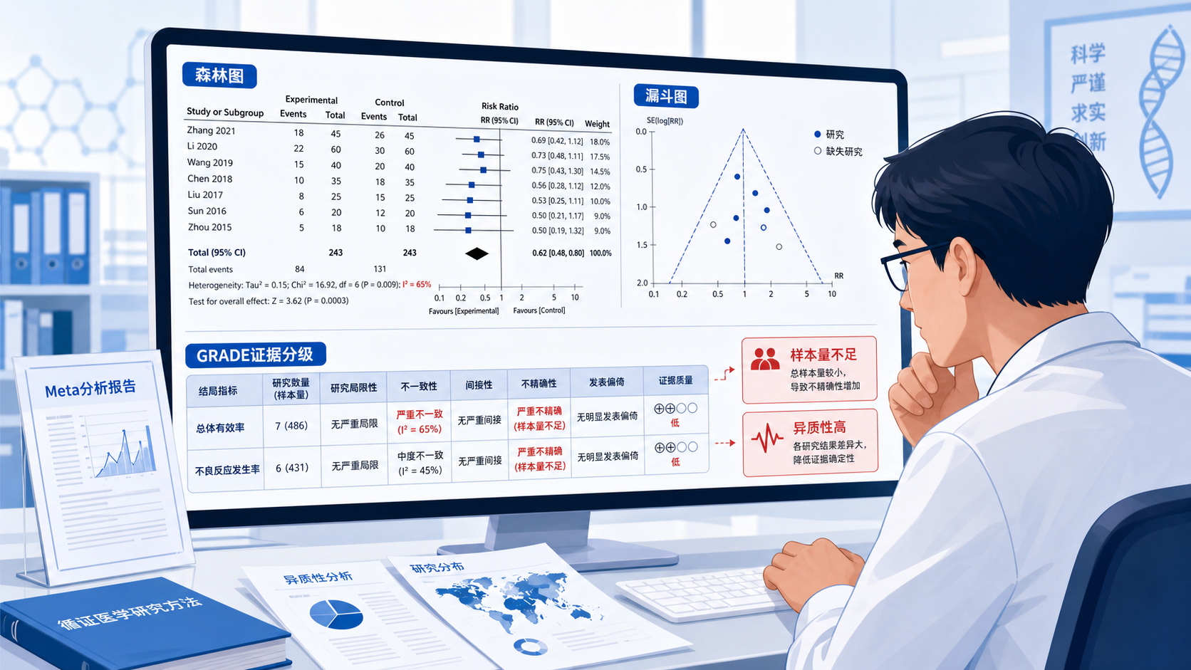 科研人员在电脑前查看meta分析森林图、漏斗图和GRADE证据分级表，画面突出“样本量不足”“异质性”“置信区间”三个关键词。