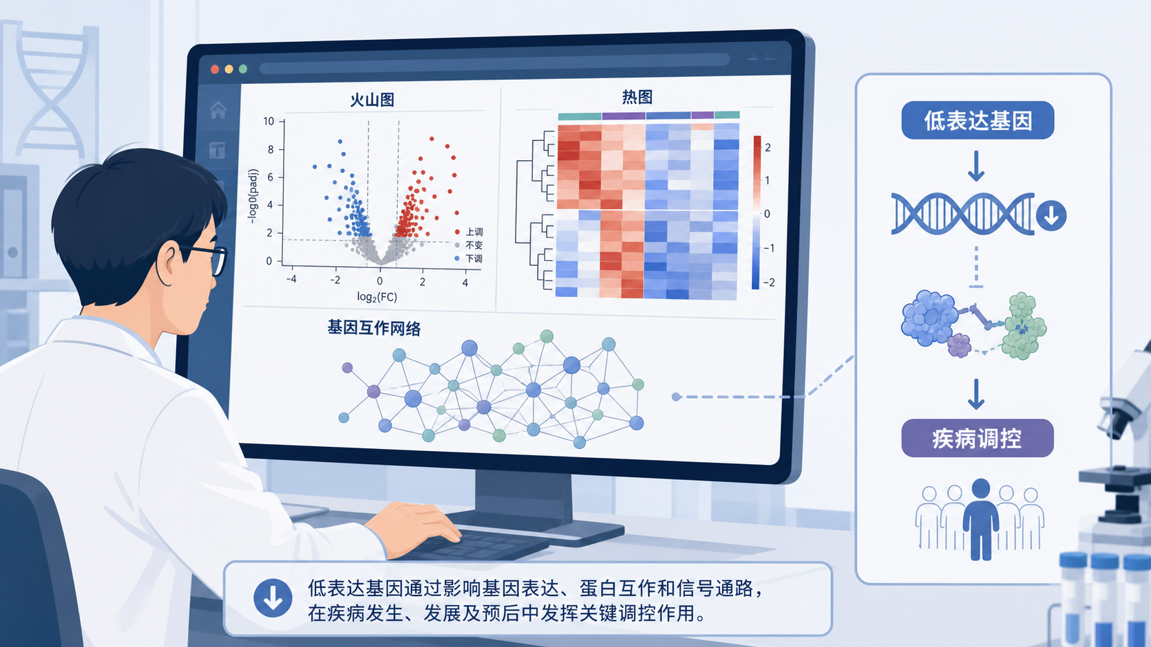 科研人员在电脑前查看火山图、热图和基因互作网络，旁边标注低表达基因在疾病中的调控作用示意图