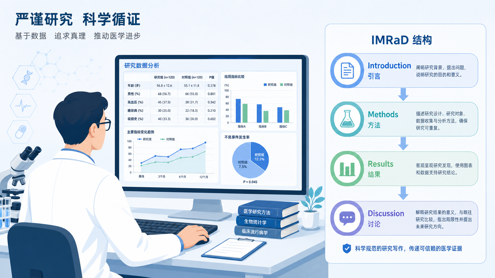 医生在电脑前整理研究数据,旁边显示IMRaD四部分结构示意图,风格专业简洁