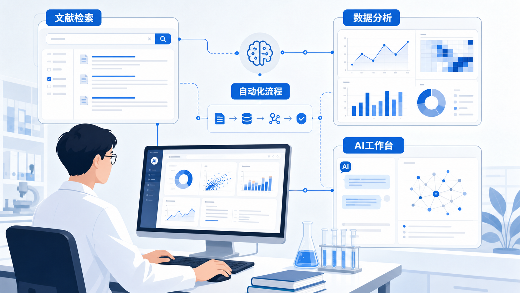 科研人员在电脑前同时查看文献检索界面、数据分析图表和AI工作台，画面突出“科研流程自动化”和“空间分析”场景