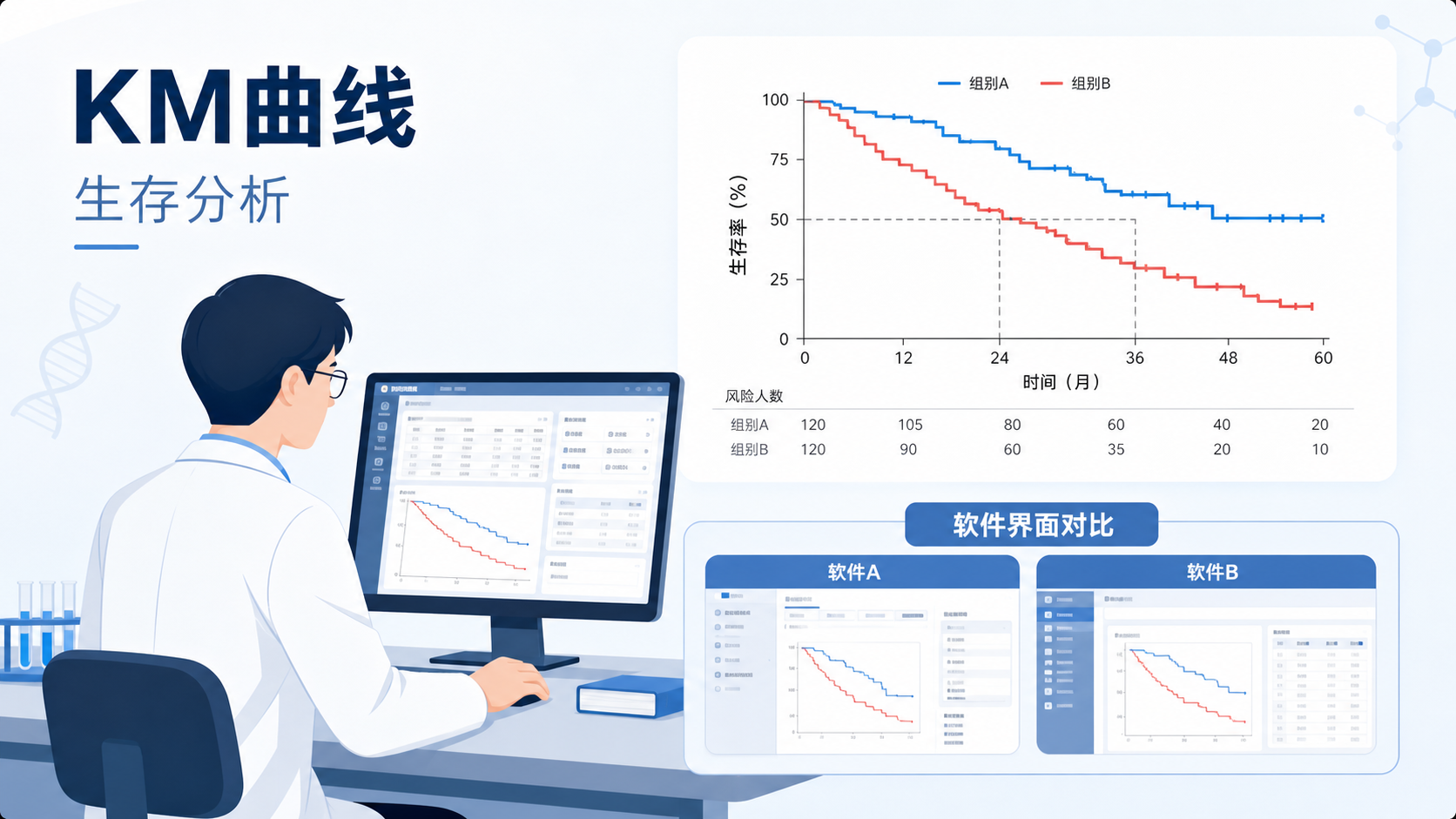 一张科研人员在电脑前处理生存分析数据的示意图，旁边展示KM曲线和软件界面对比