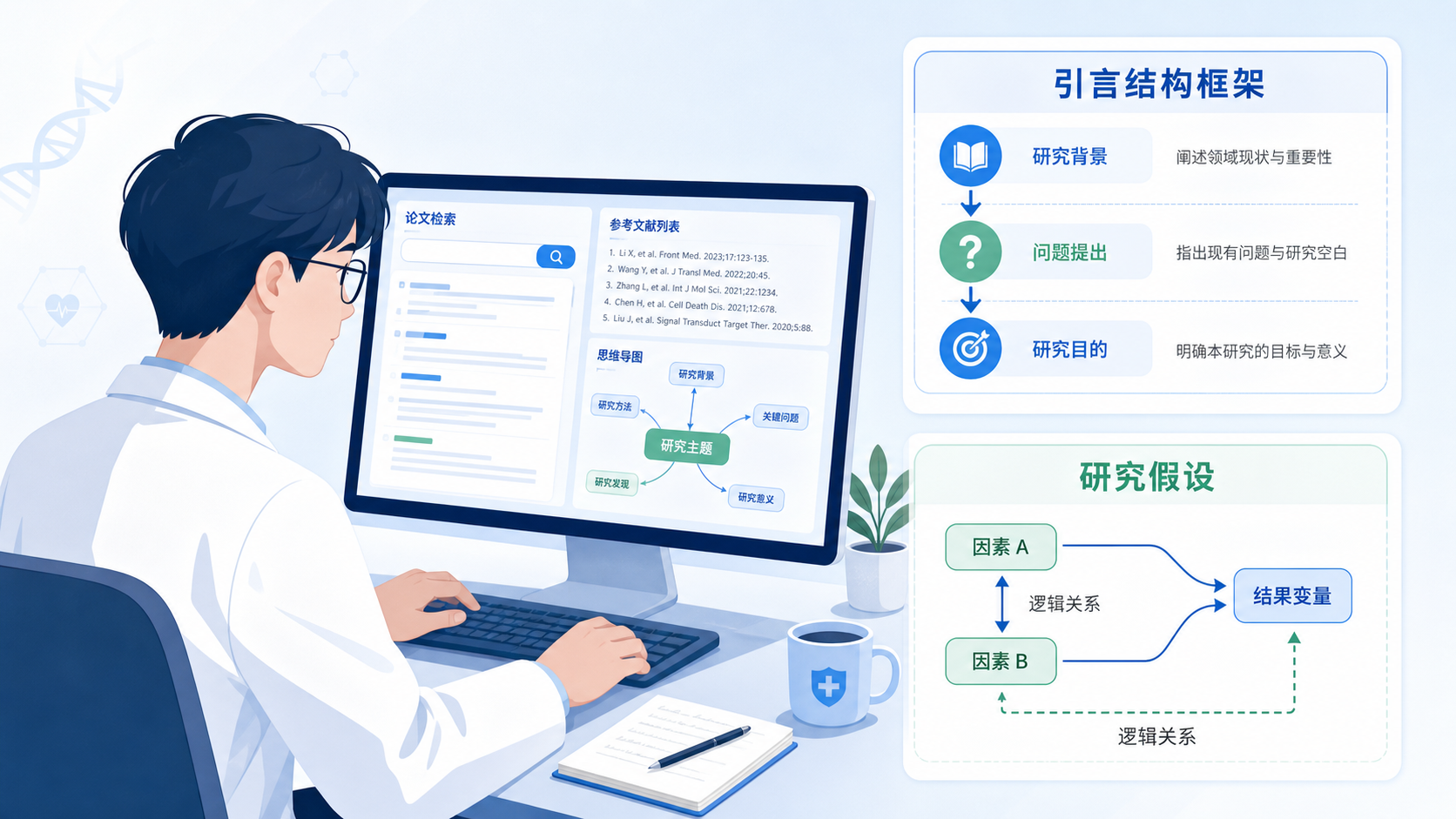 医学生在电脑前梳理文献与研究思路,旁边展示引言结构框架和研究假设流程图