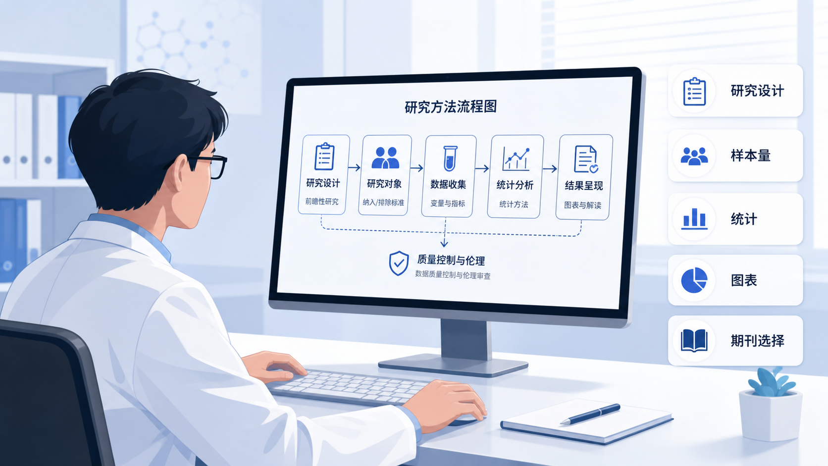 科研人员在电脑前审阅SCI论文方法学流程图，旁边标注研究设计、样本量、统计、图表和期刊选择等关键词