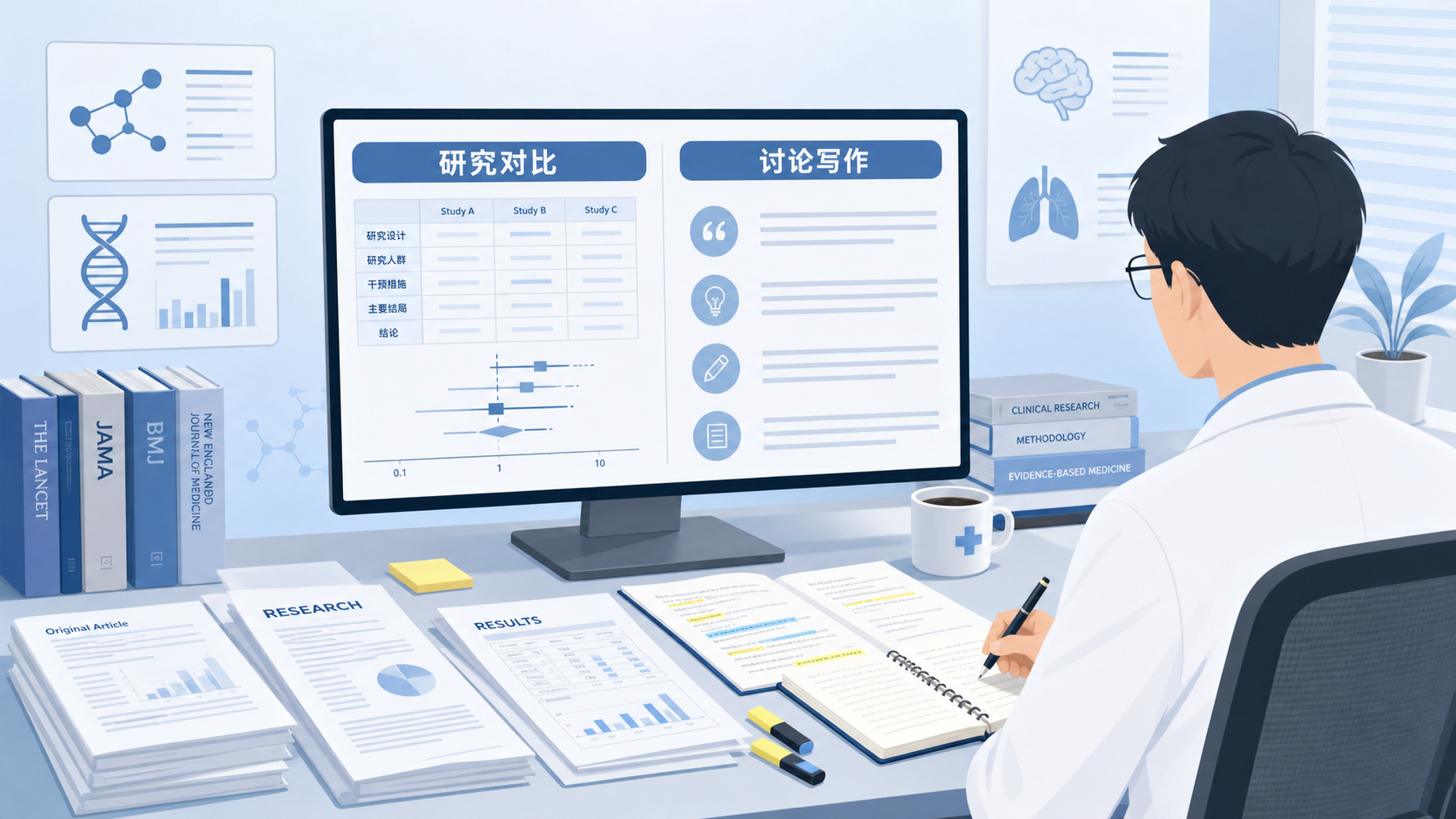 科研人员在电脑前对照多篇SCI论文，旁边有结果表格和文献高亮标记，突出“研究对比”和“讨论写作”场景