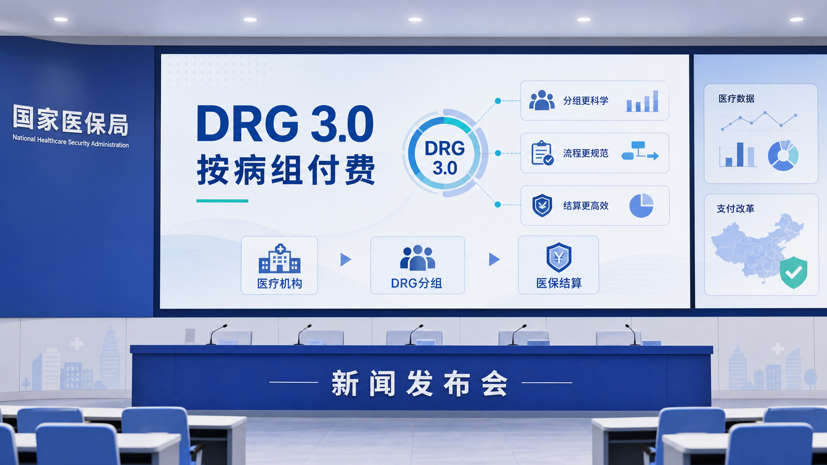 2026年9月2日资讯，国家医保局召开新闻发布会，正式发布《按病组（DRG）付费 3.0 版分组方案》和《按病种分值（DIP）付费 3.0 版分组方案》。这是继 2019 年 1.0 版、2024 年 2.0 版之后的第三版分组方案，国家层面首次明确 158 个基层病种（DRG 31 个 + DIP 127 个）并实行"同病同付"，同时将 ADRG 核心分组由 409 组增至 492 组、DRG 细分组由 634 组增至 825 组。方案要求各地于 2026 年 12 月 31 日前完成切换、2027 年 3 月底前落地应用，标志着医保支付方式改革从"全覆盖"迈入"精细化"新阶段。