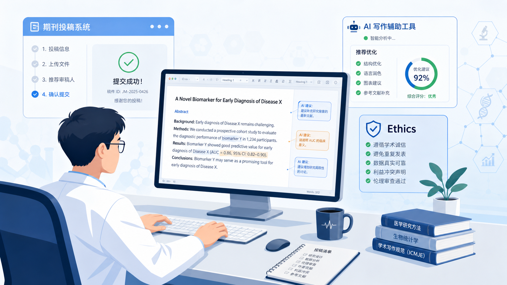 一位研究者在电脑前修改论文,旁边显示期刊投稿系统、AI工具界面和“Ethics”提示标识,突出学术合规与投稿决策场景