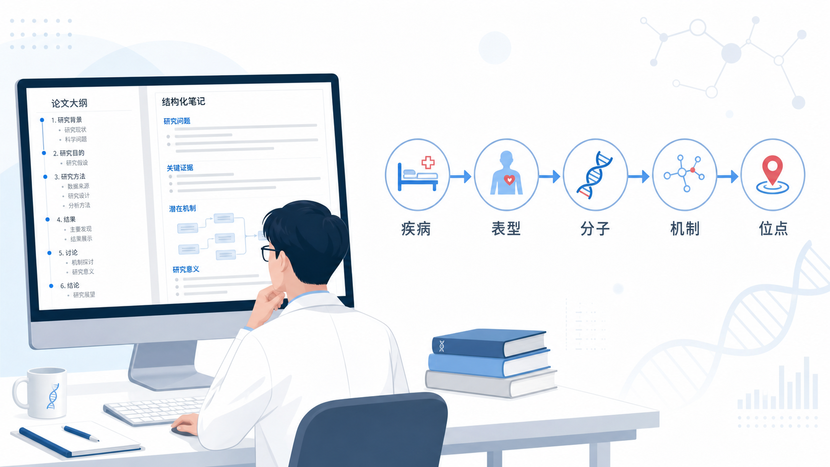 科研人员在电脑前梳理论文框架，旁边展示“疾病-表型-分子-机制-位点”的逻辑链示意图，风格专业简洁。